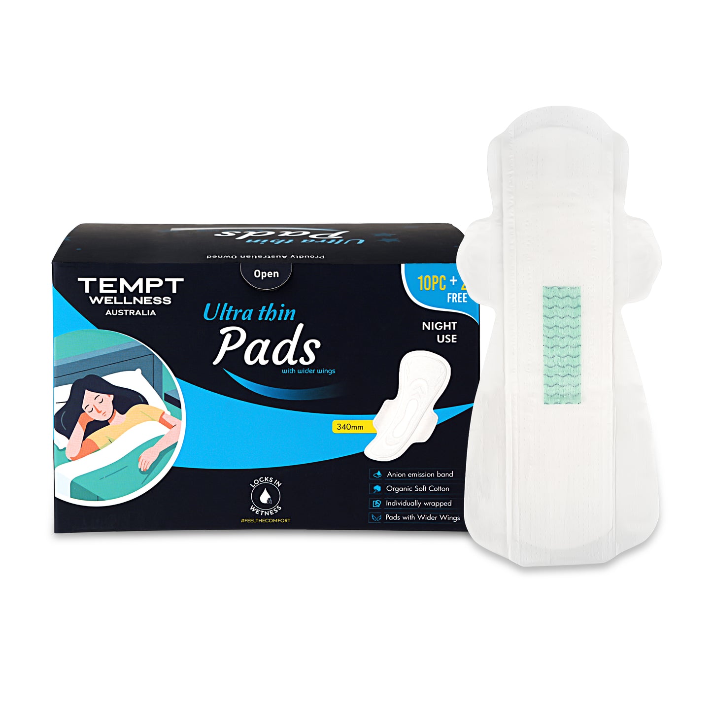 Tempt Wellness Night Use Sanitary Pads for Women | Pack of 10 + 2 Free Pads | Extra Long Overnight Protection | High Absorbency | Leak Lock Technology | Soft Cottony Cover | Rash-Free Comfort