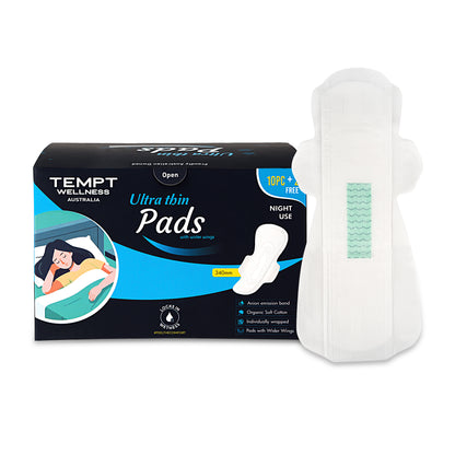 Tempt Wellness Night Use Sanitary Pads for Women | Pack of 10 + 2 Free Pads | Extra Long Overnight Protection | High Absorbency | Leak Lock Technology | Soft Cottony Cover | Rash-Free Comfort