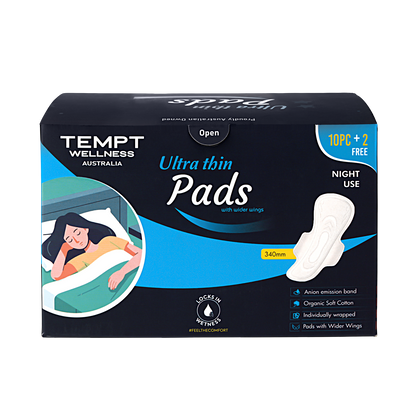 Tempt Wellness Night Use Sanitary Pads for Women | Pack of 10 + 2 Free Pads | Extra Long Overnight Protection | High Absorbency | Leak Lock Technology | Soft Cottony Cover | Rash-Free Comfort