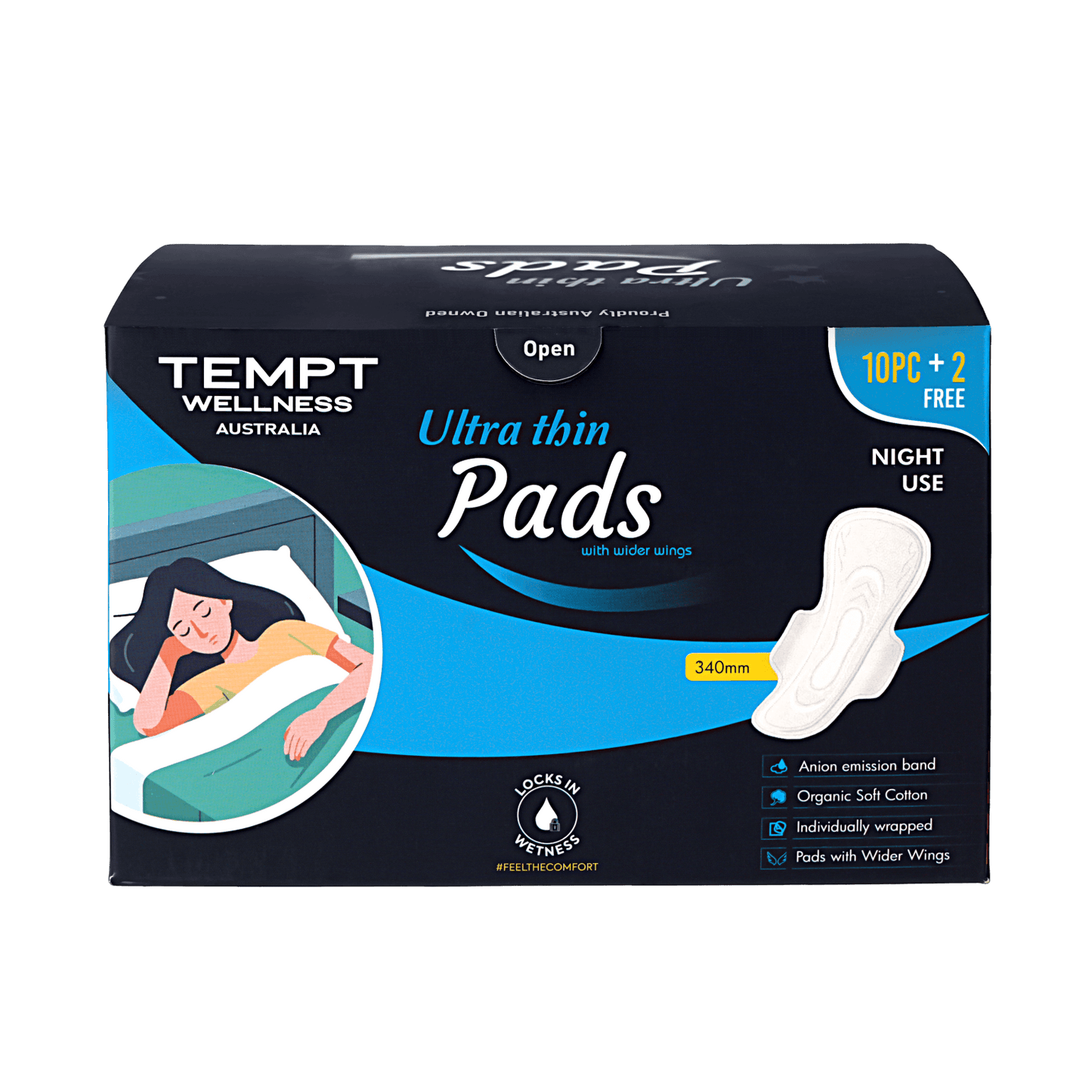 Tempt Wellness Night Use Sanitary Pads for Women | Pack of 10 + 2 Free Pads | Extra Long Overnight Protection | High Absorbency | Leak Lock Technology | Soft Cottony Cover | Rash-Free Comfort
