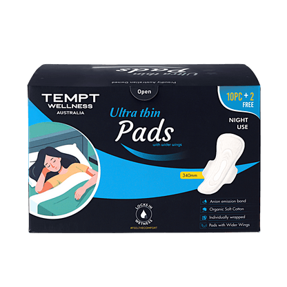 Tempt Wellness Night Use Sanitary Pads for Women | Pack of 10 + 2 Free Pads | Extra Long Overnight Protection | High Absorbency | Leak Lock Technology | Soft Cottony Cover | Rash-Free Comfort