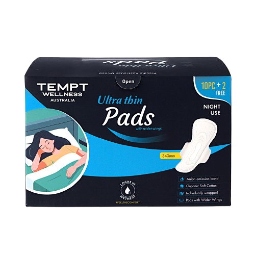 Tempt Wellness Night Use Sanitary Pads for Women | Pack of 10 + 2 Free Pads | Extra Long Overnight Protection | High Absorbency | Leak Lock Technology | Soft Cottony Cover | Rash-Free Comfort