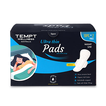 Tempt Wellness Night Use Sanitary Pads for Women | Pack of 10 + 2 Free Pads | Extra Long Overnight Protection | High Absorbency | Leak Lock Technology | Soft Cottony Cover | Rash-Free Comfort