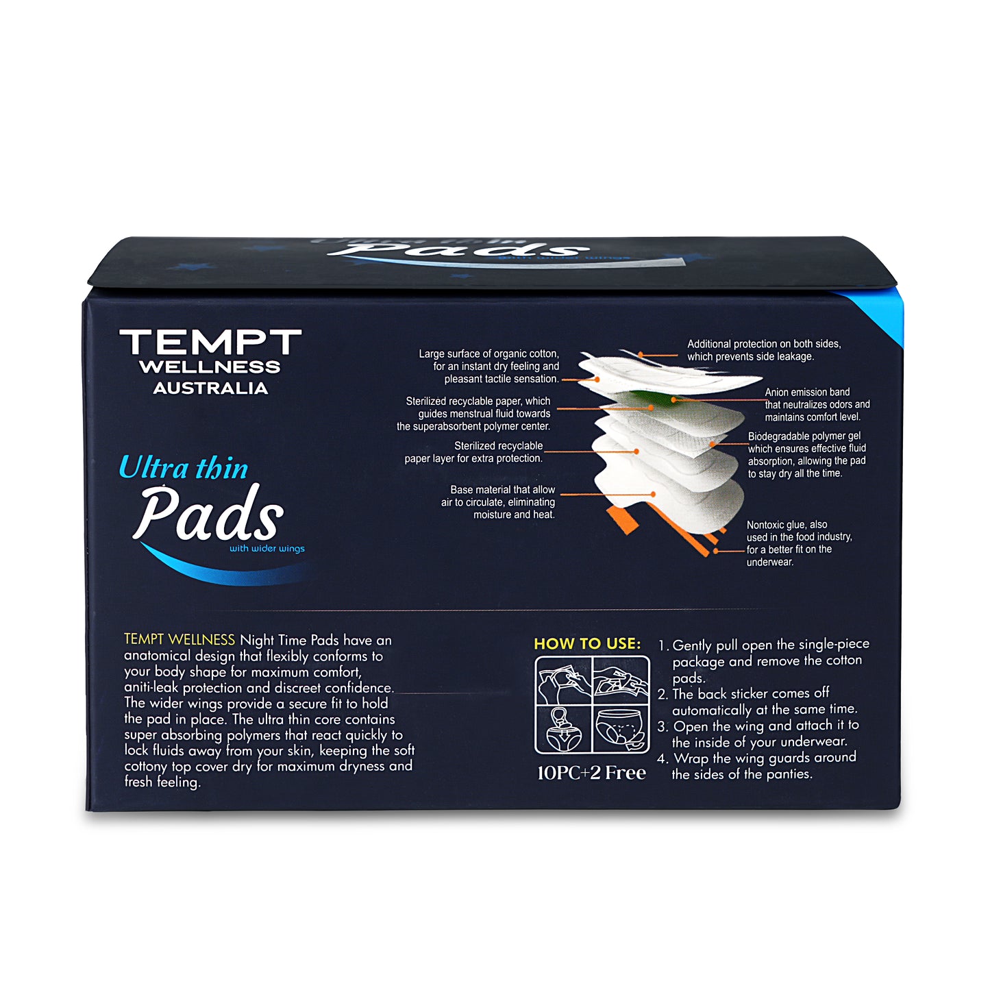 Tempt Wellness Night Use Sanitary Pads for Women | Pack of 10 + 2 Free Pads | Extra Long Overnight Protection | High Absorbency | Leak Lock Technology | Soft Cottony Cover | Rash-Free Comfort