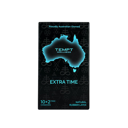 Tempt Wellness Extra Time Condoms | 10+2 Free | Long-Lasting Performance | Natural Rubber Latex | Delay Condoms for Men | Australian Owned