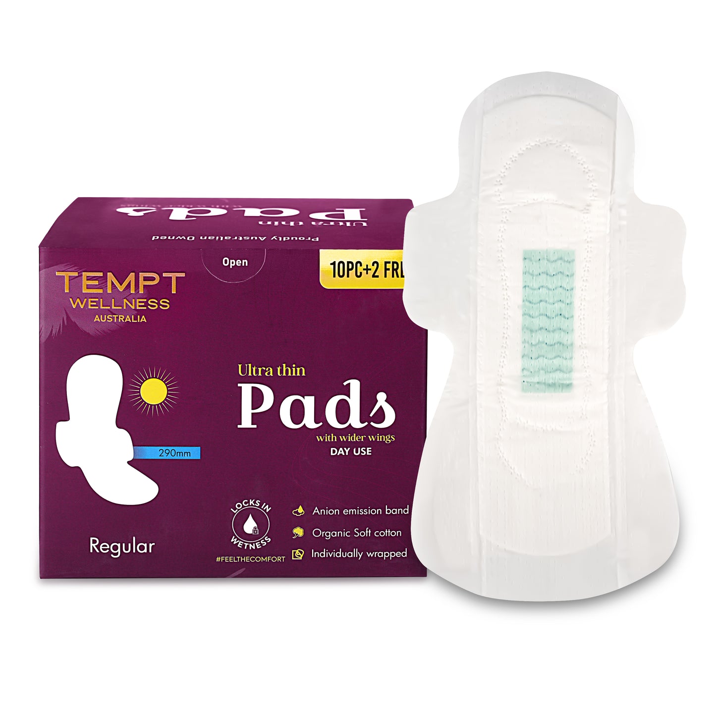 Tempt Wellness Day Use Sanitary Pads for Women | Pack of 10 + 2 Free Pads | Soft Cottony Cover | High Absorbency | Leak Protection | Rash-Free Comfort | Regular Flow Protection