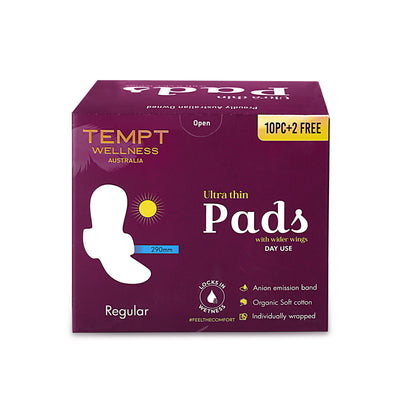 Tempt Wellness Day Use Sanitary Pads for Women | Pack of 10 + 2 Free Pads | Soft Cottony Cover | High Absorbency | Leak Protection | Rash-Free Comfort | Regular Flow Protection